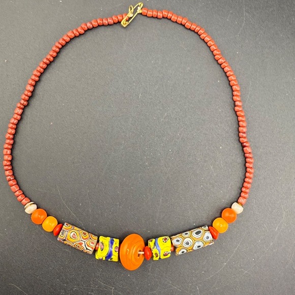 Estate Jewelry - Vintage Beaded Glass Necklace Millefiori Orange Yellow Red‎ 18" READ